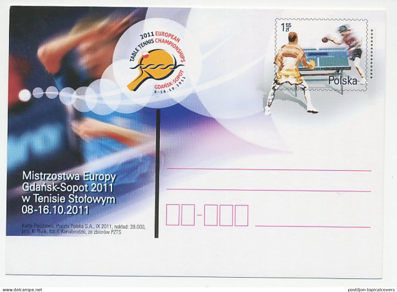 Postal Stationery Poland 2011 Table Tennis - European Championship - Autres & Non Classés