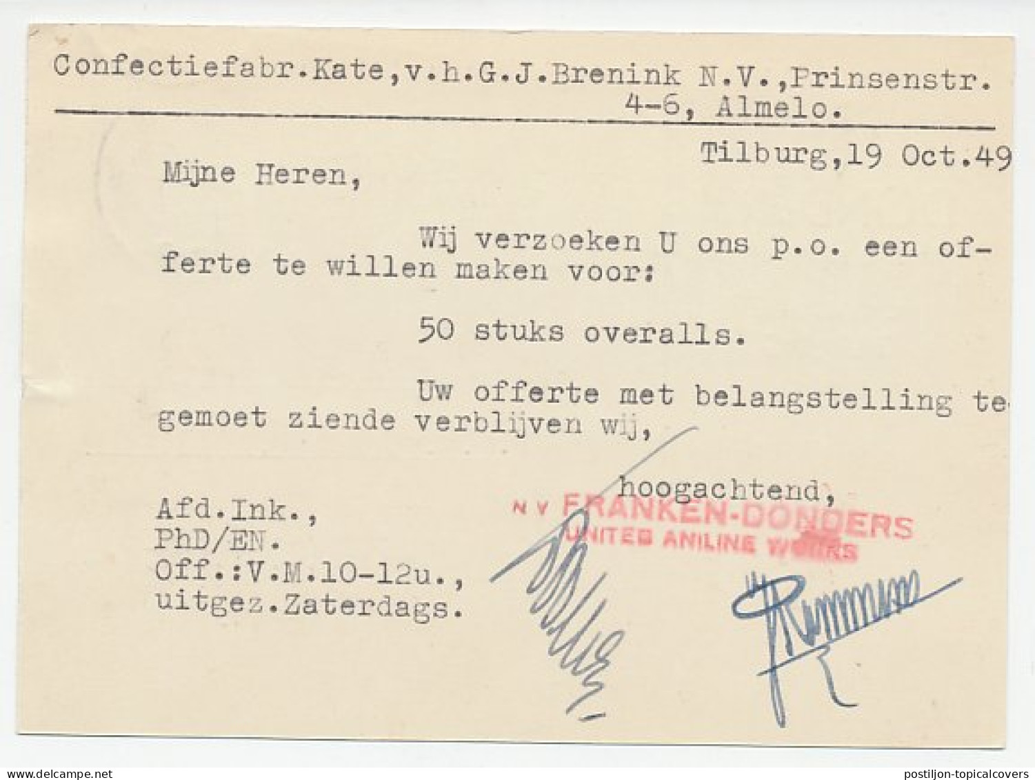 Firma Briefkaart Tilburg 1949 - Verfstoffen / Vos / Haan - Non Classés