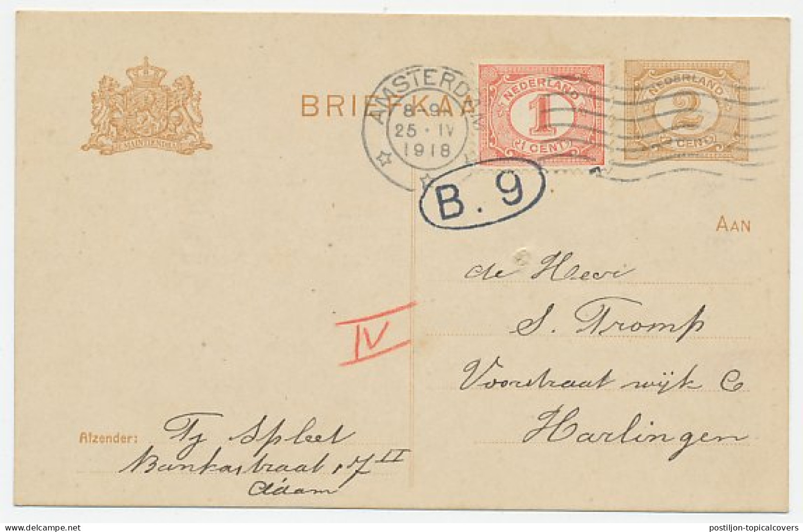 Briefkaart G. 88 A I / Bijfrankering Amsterdam - Harlingen 1918 - Interi Postali