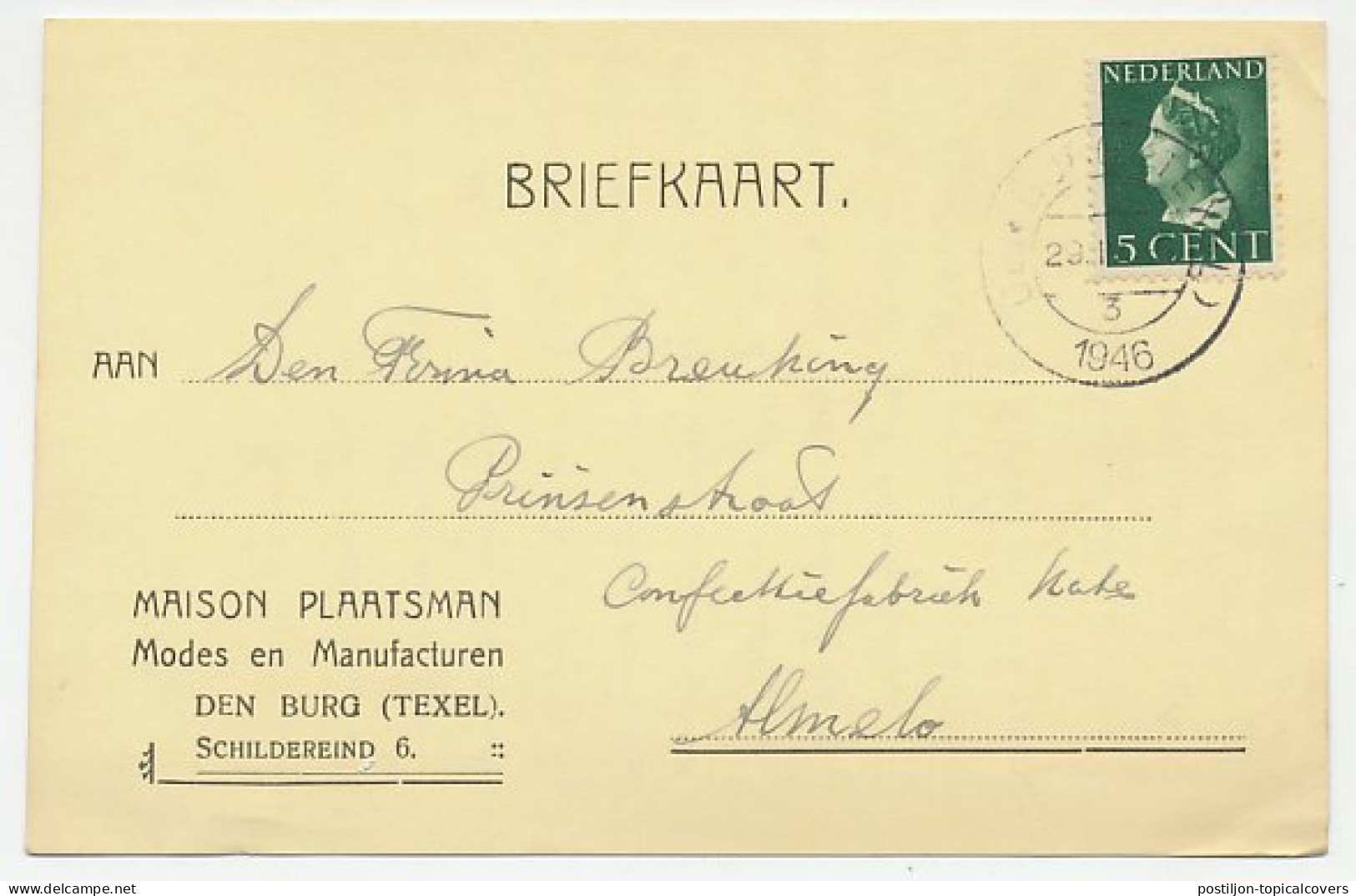 Firma Briefkaart Den Burg Texel 1952 - Manufacturen - Non Classés