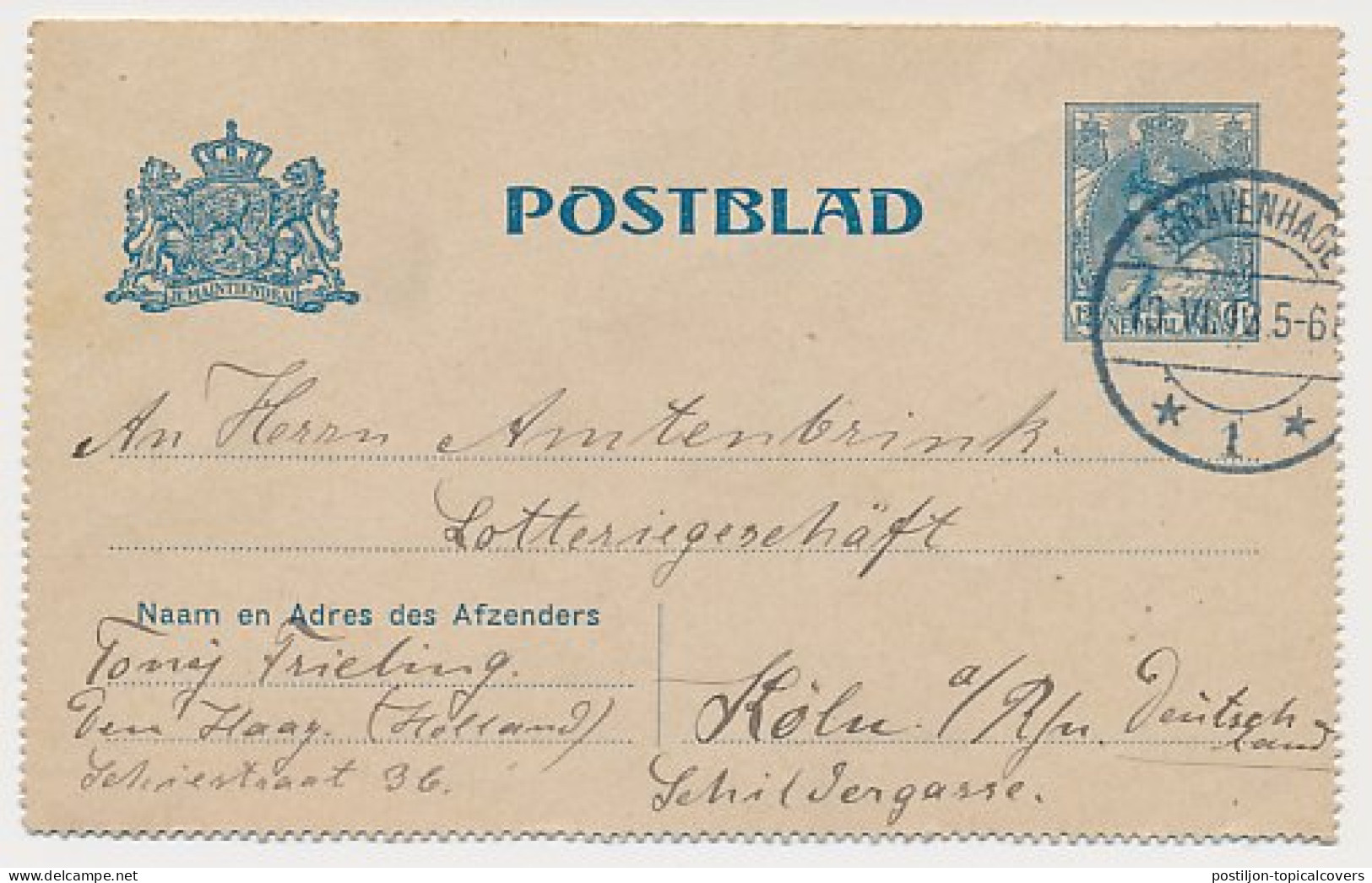 Postblad G. 15 Den Haag - Koln Duitsland 1913 - Postal Stationery