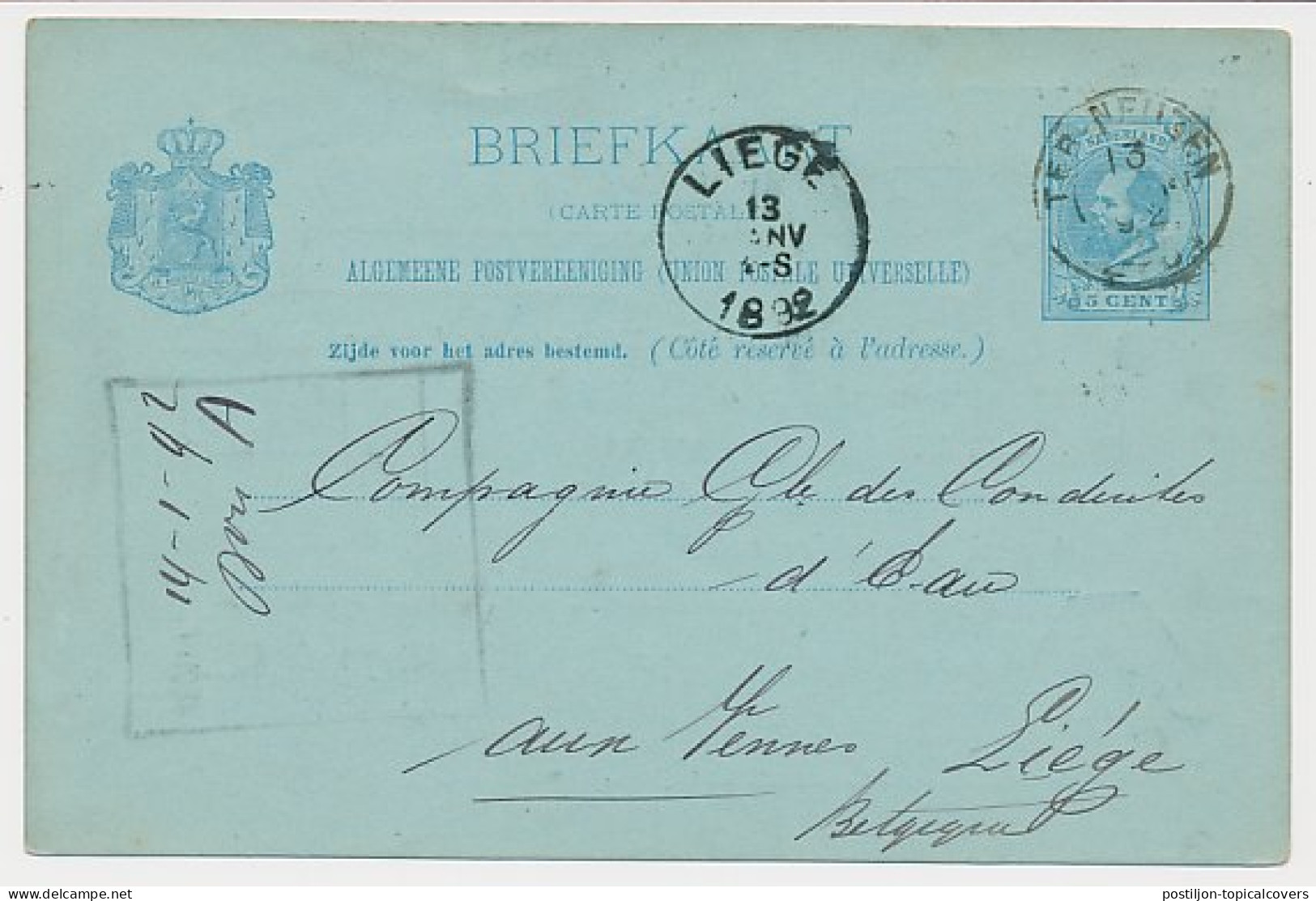 Briefkaart G. 27 Particulier Bedrukt Terneuzen - Belgie 1892 - Postwaardestukken