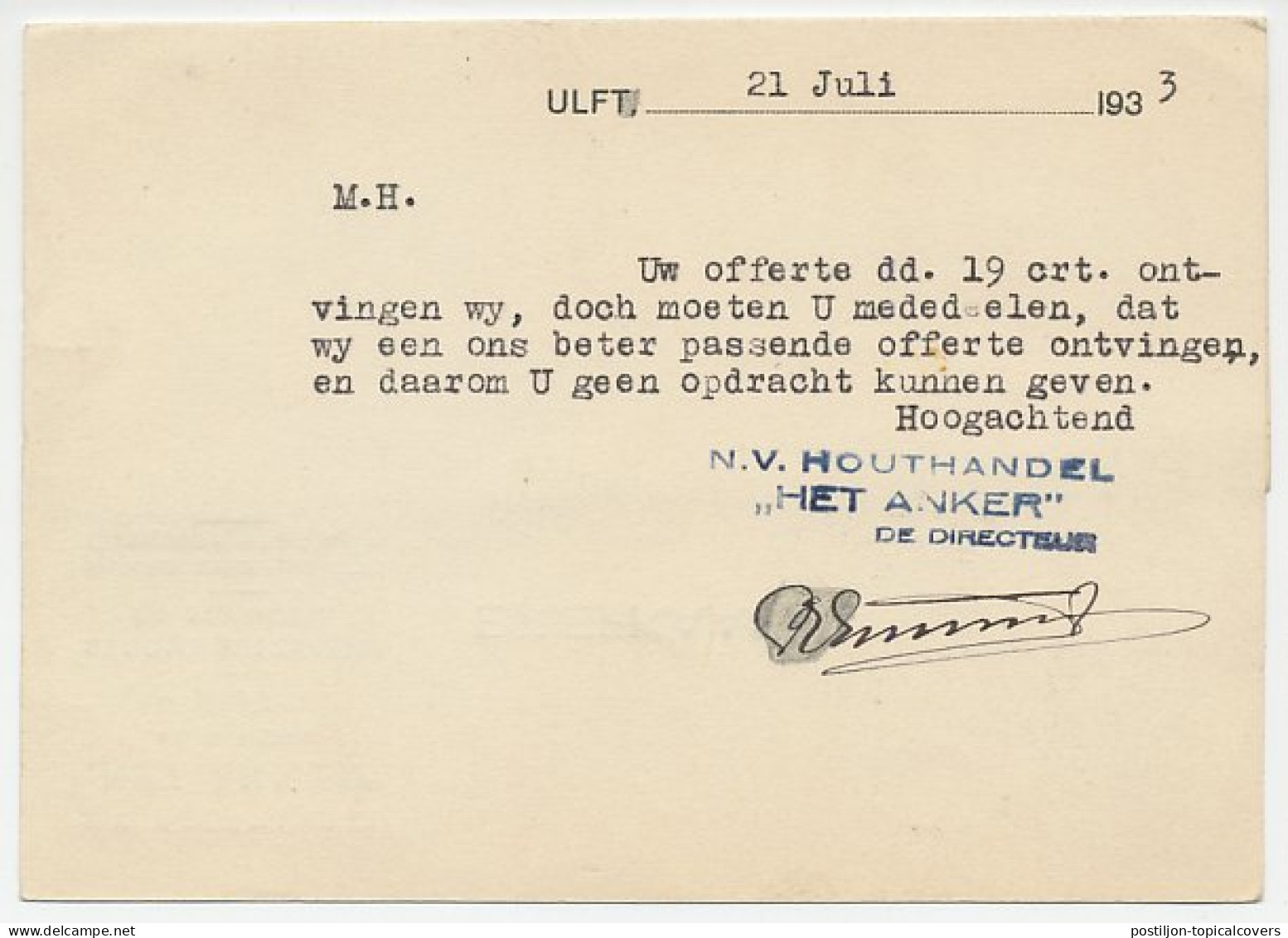 Firma Briefkaart Ulft 1933 - Houthandel / Anker - Zonder Classificatie