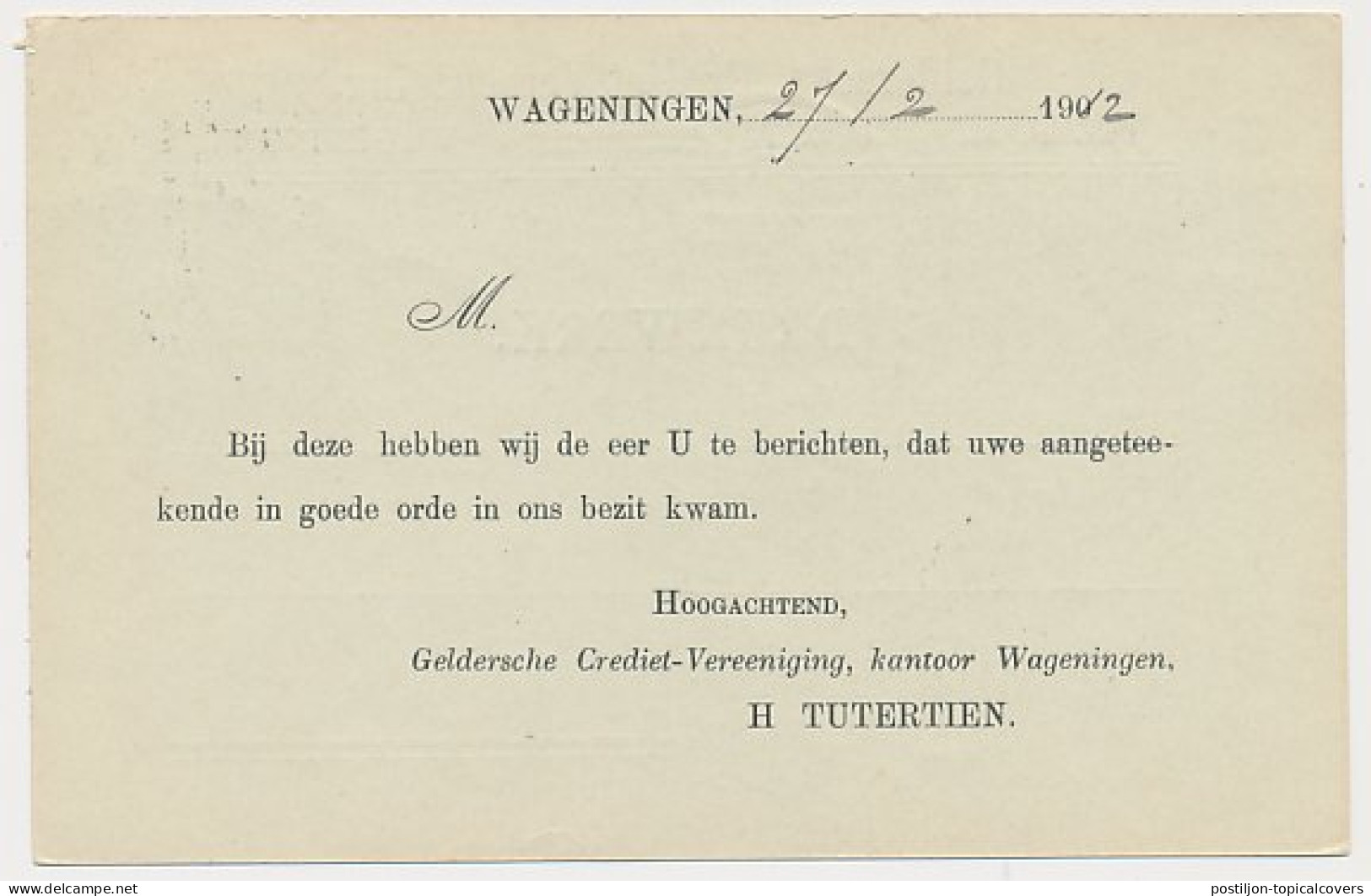 Briefkaart Wageningen 1912 - Geldersche Crediet Vereniging - Non Classés