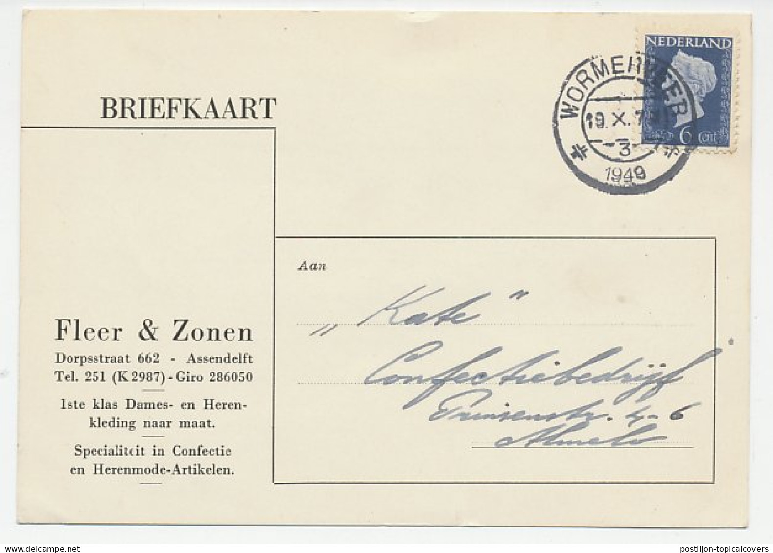 Firma Briefkaart Assendelft 1949 - Confectie / Kleding - Zonder Classificatie