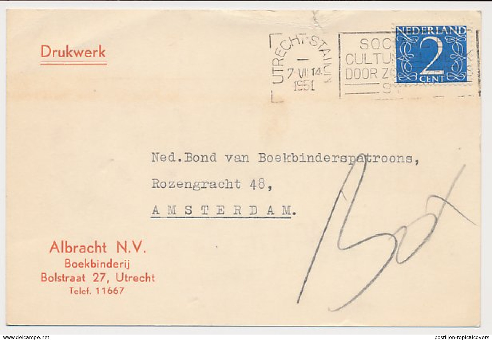 Firma Briefkaart Utrecht 1951 - Boekbinderij - Vakantie - Non Classés