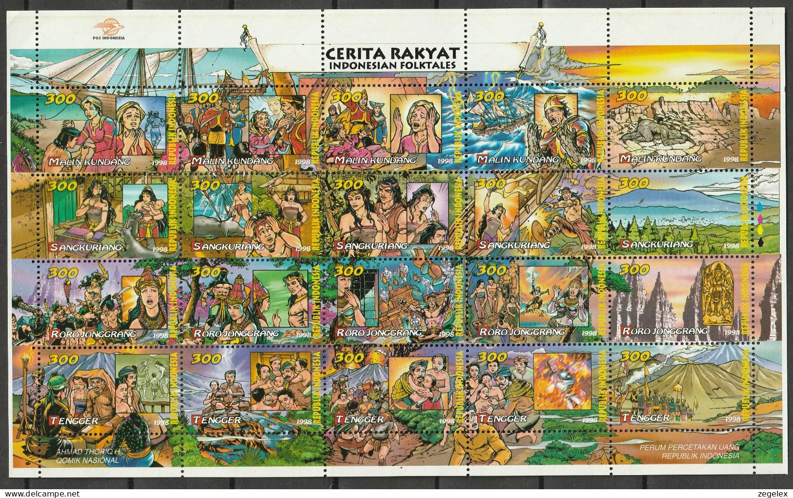 Indonesia 1998 Folktales, Overleveringen, MNH ** ZBL 1832/51v Sheet Of 20 Stamps - Indonesien