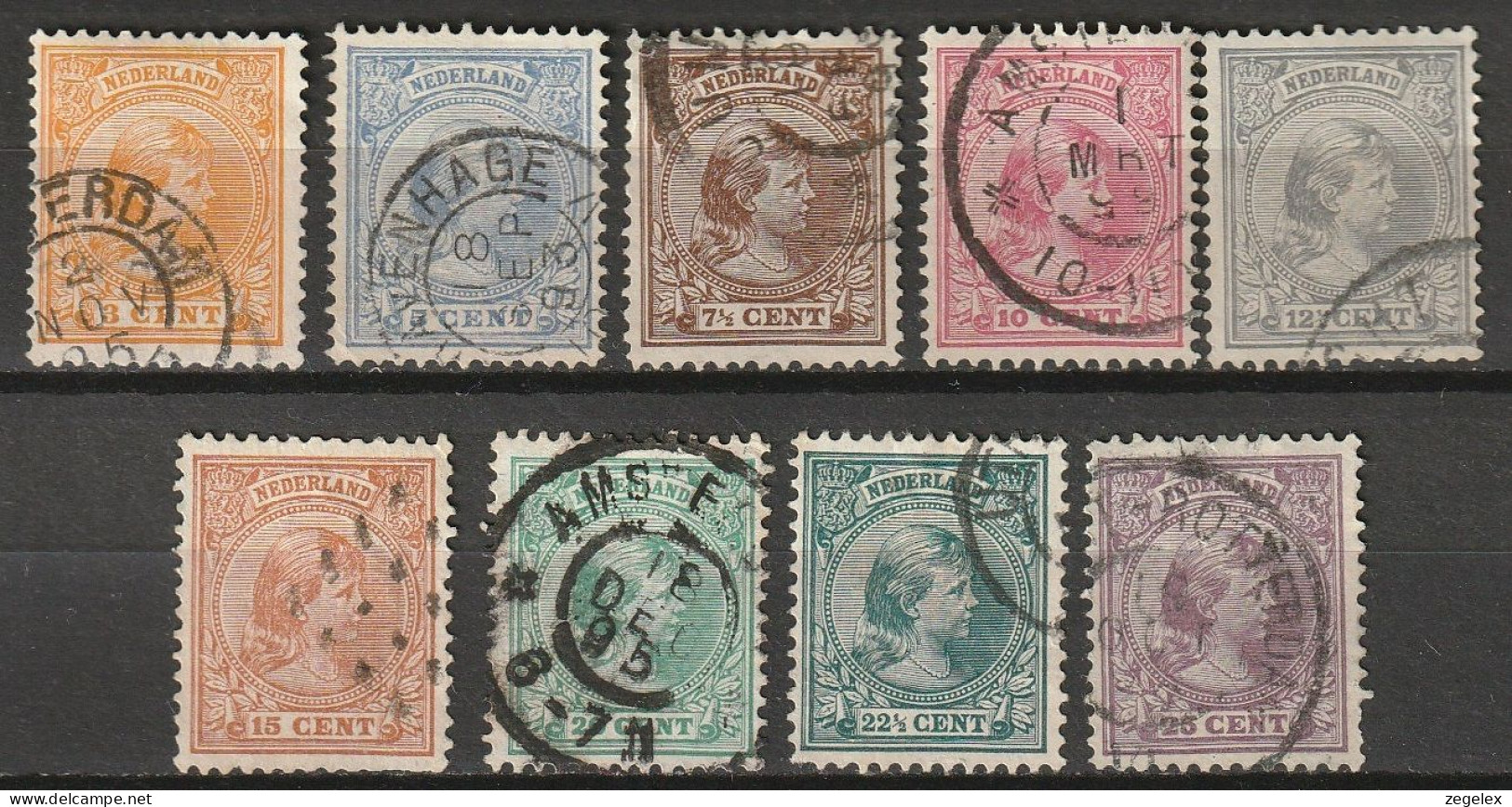 1891-1894 Wilhelmina 3, 5, 7.5, 10, 12.5, 15, 20, 22.5, 25ct NVPH 34, 36, 37, 38 Etc. Nice Cancelations.  - Used Stamps