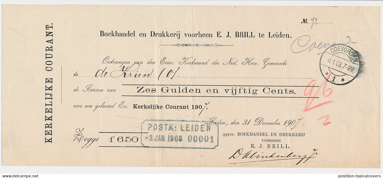 Leiden - Coevorden 1907 - Kwitantie - Ohne Zuordnung