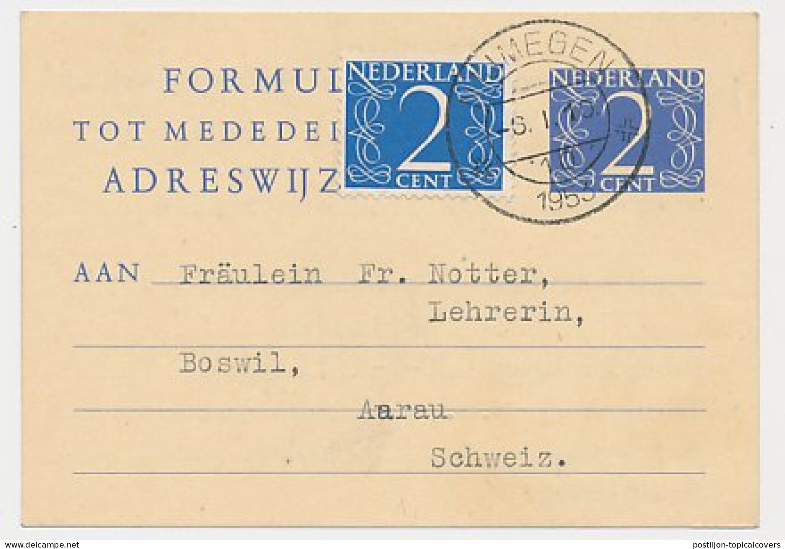 Verhuiskaart G. 22 Nijmegen - Zwitserland 1953 - Buitenland - Entiers Postaux