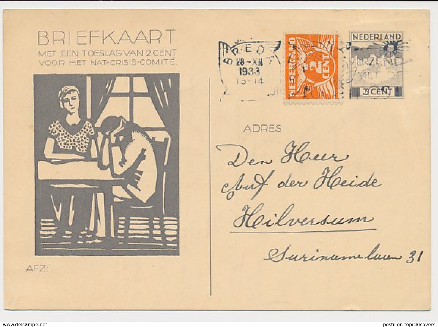 Briefkaart G. 233 / Bijfrankering Breda - Hilversum 1933 - Interi Postali