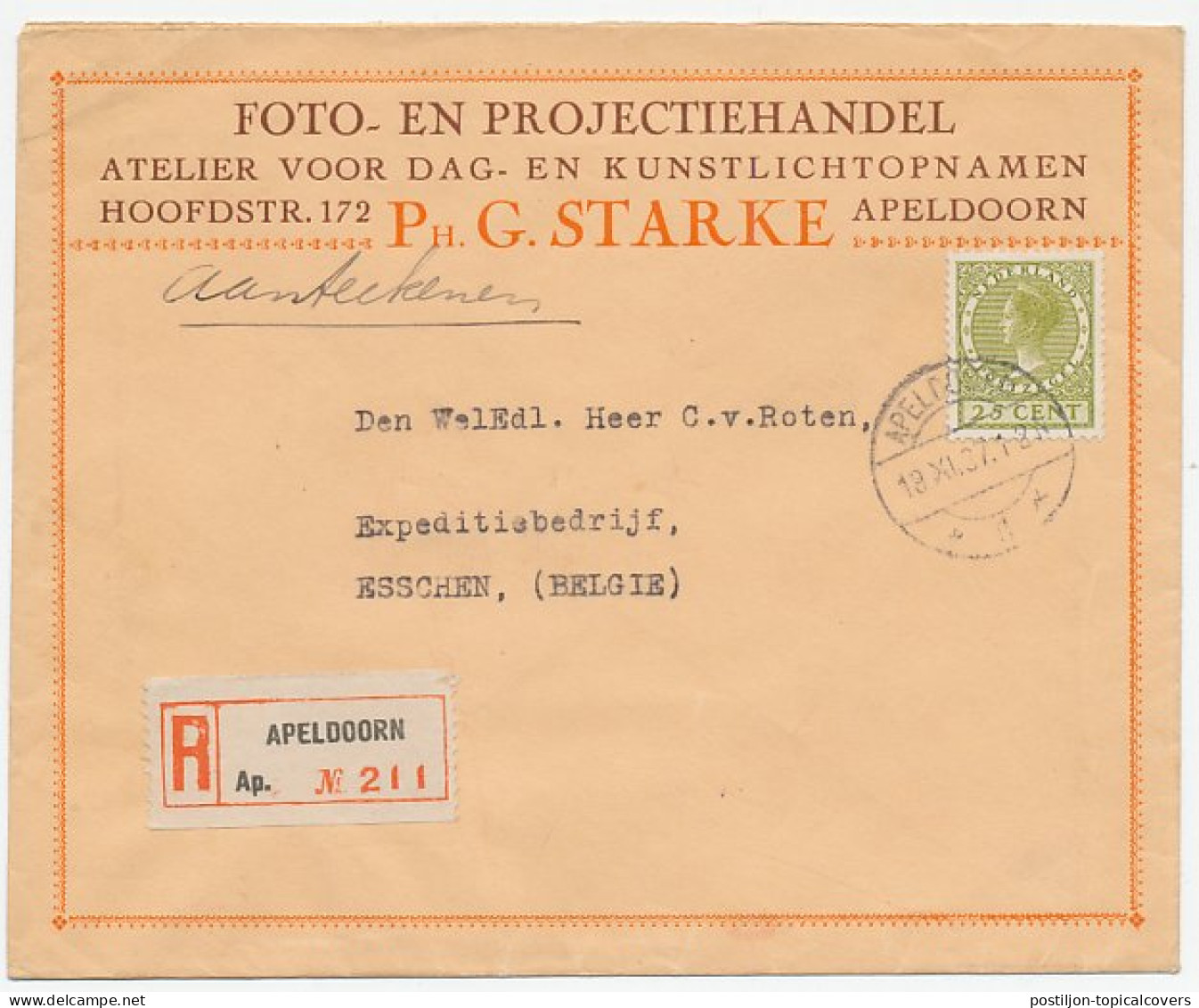 Em. Veth Aangetekend Apeldoorn - Belgie 1927 - Zonder Classificatie