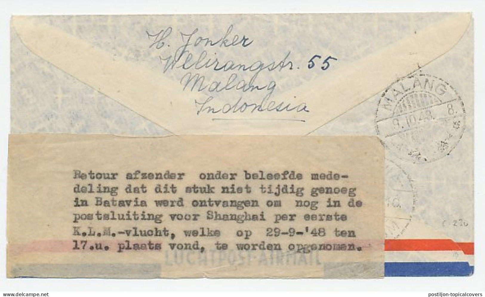 Soerabaja N.I. - China 1948 - Etiket: Retour - Niet Tijdig Enz. - Unclassified