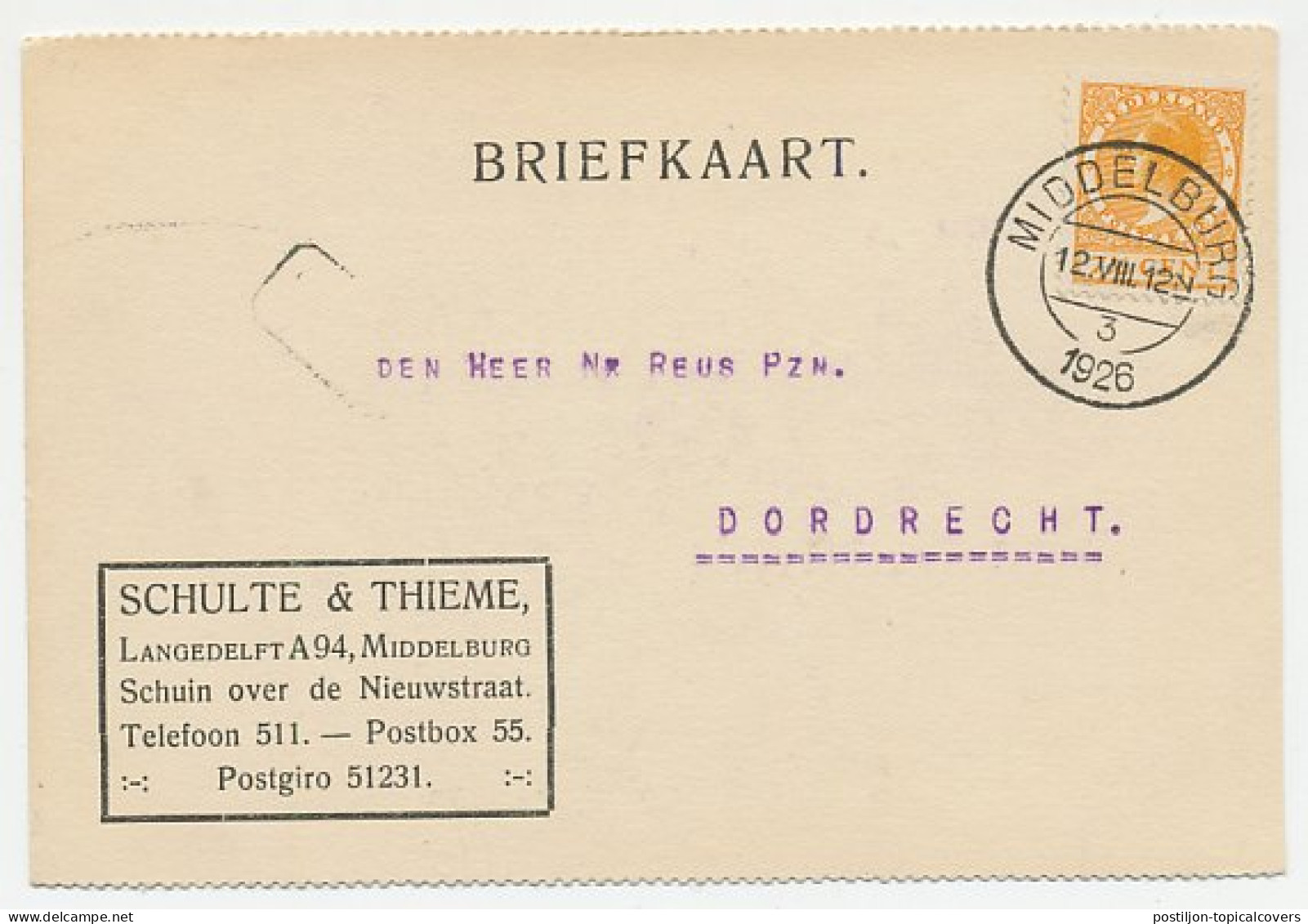 Firma Briefkaart Middelburg 1926 - Schulte En Thieme - Zonder Classificatie