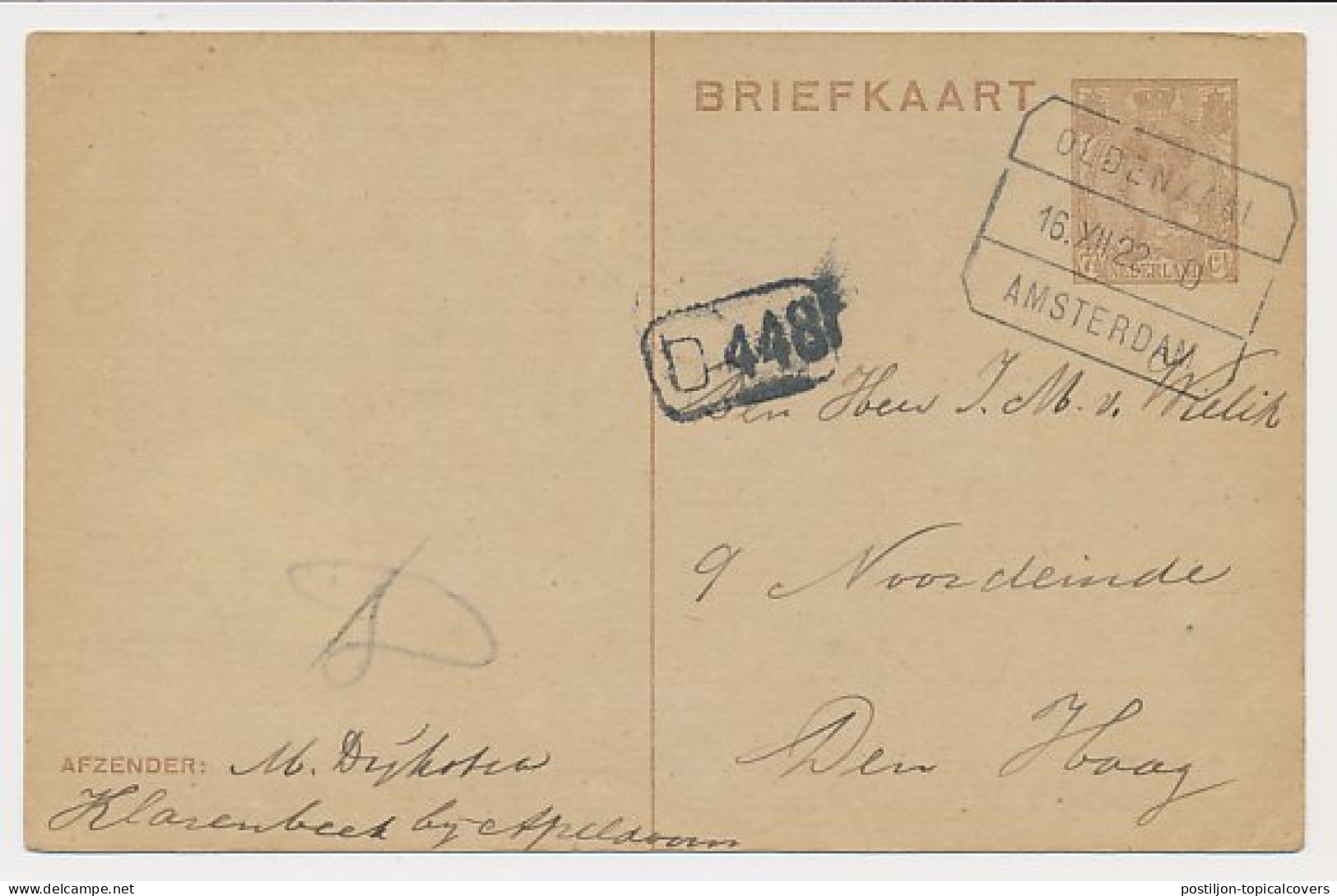 Treinblokstempel : Oldenzaal - Amsterdam D 1922 - Non Classés