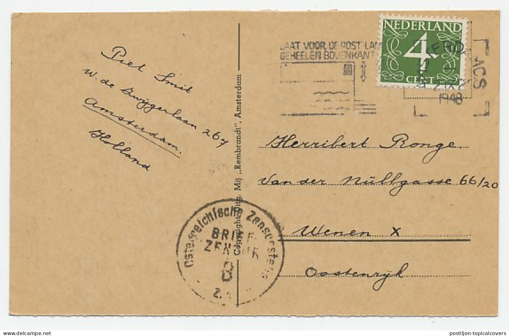 Amsterdam - Oostenrijk 1948 - Oostenrijkse Censuur - Zonder Classificatie