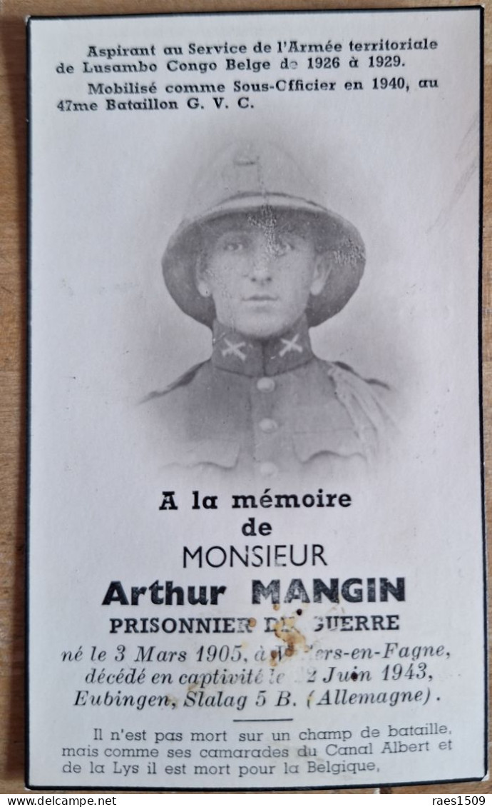 Faire-part De Décès De Monsieur Arthur Mangin Armée Congo Belge Prisonnier Guerre Né 1905 Dcd 1943 Stalag 5b - Décès