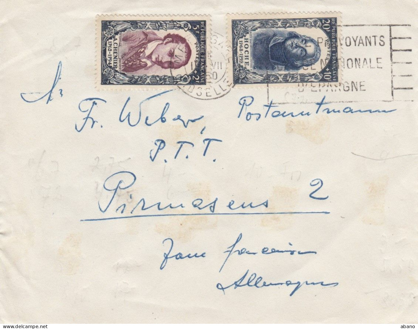 Frankreich 1950 Rotes Kreuz 5 F. Chenier + 20 F. Hoche Auf Brief METZ Nach Pirmasens !!! - Lettres & Documents