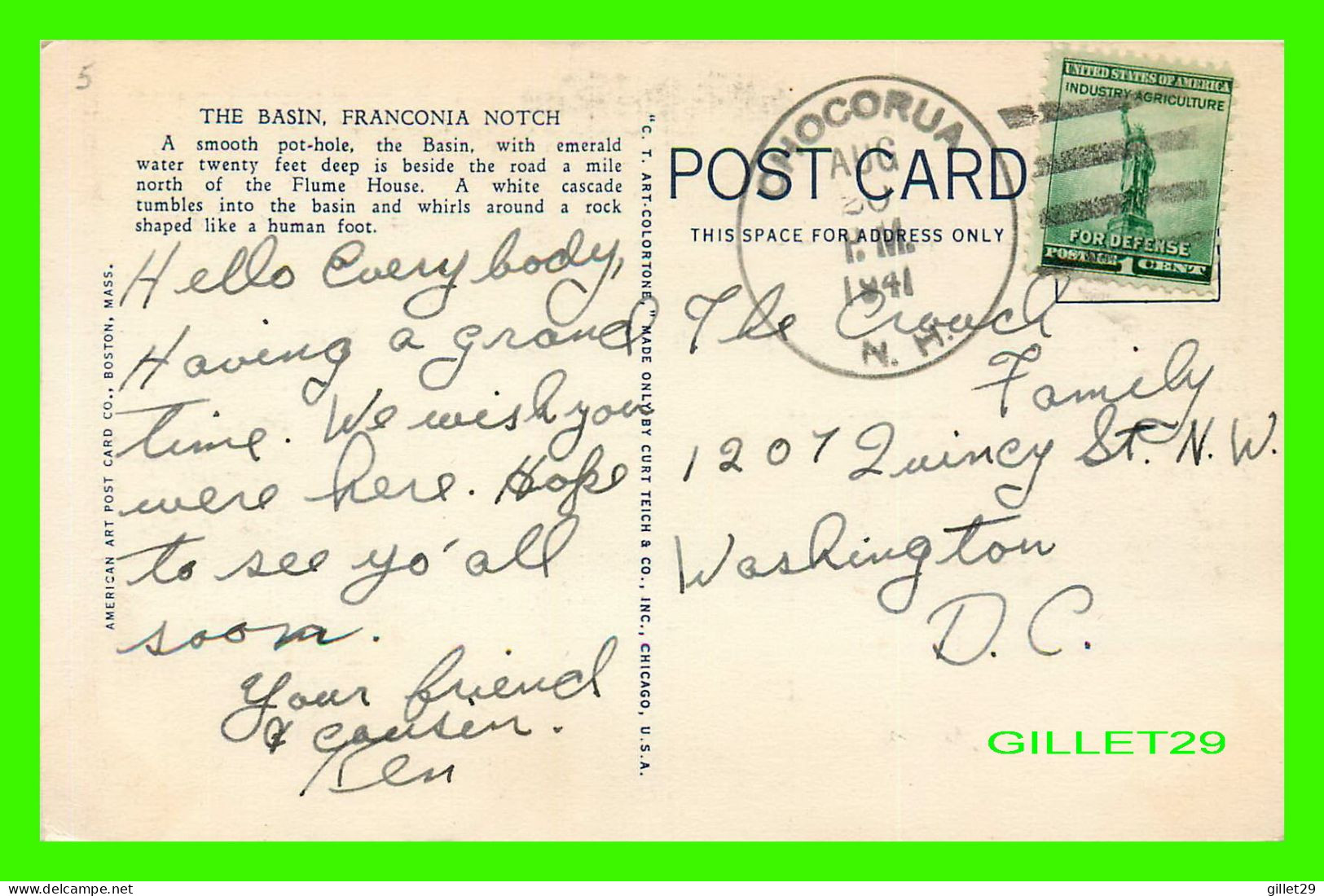 WHITE MOUNTAINS, NH - THE BASIN AND OLD MAN'S FOOT, FRANCONIA NOTCH - TRAVEL IN 1941 - AMERICAN ART POST CARD - - Salem