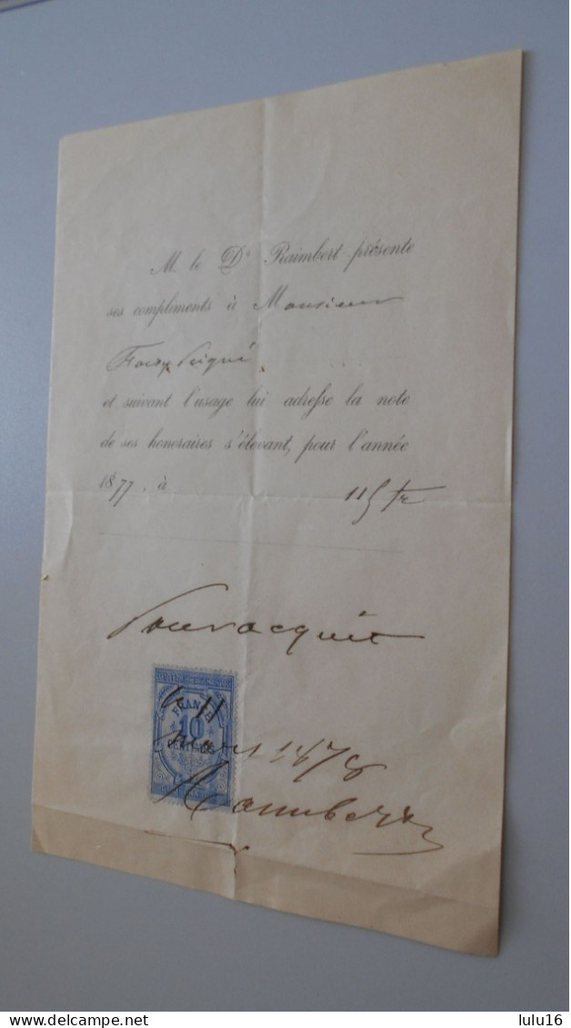 CHATEAUDUN  Dr RAIMBERT NOTE DE SES HONORAIRES POUR 1877. - 1800 – 1899