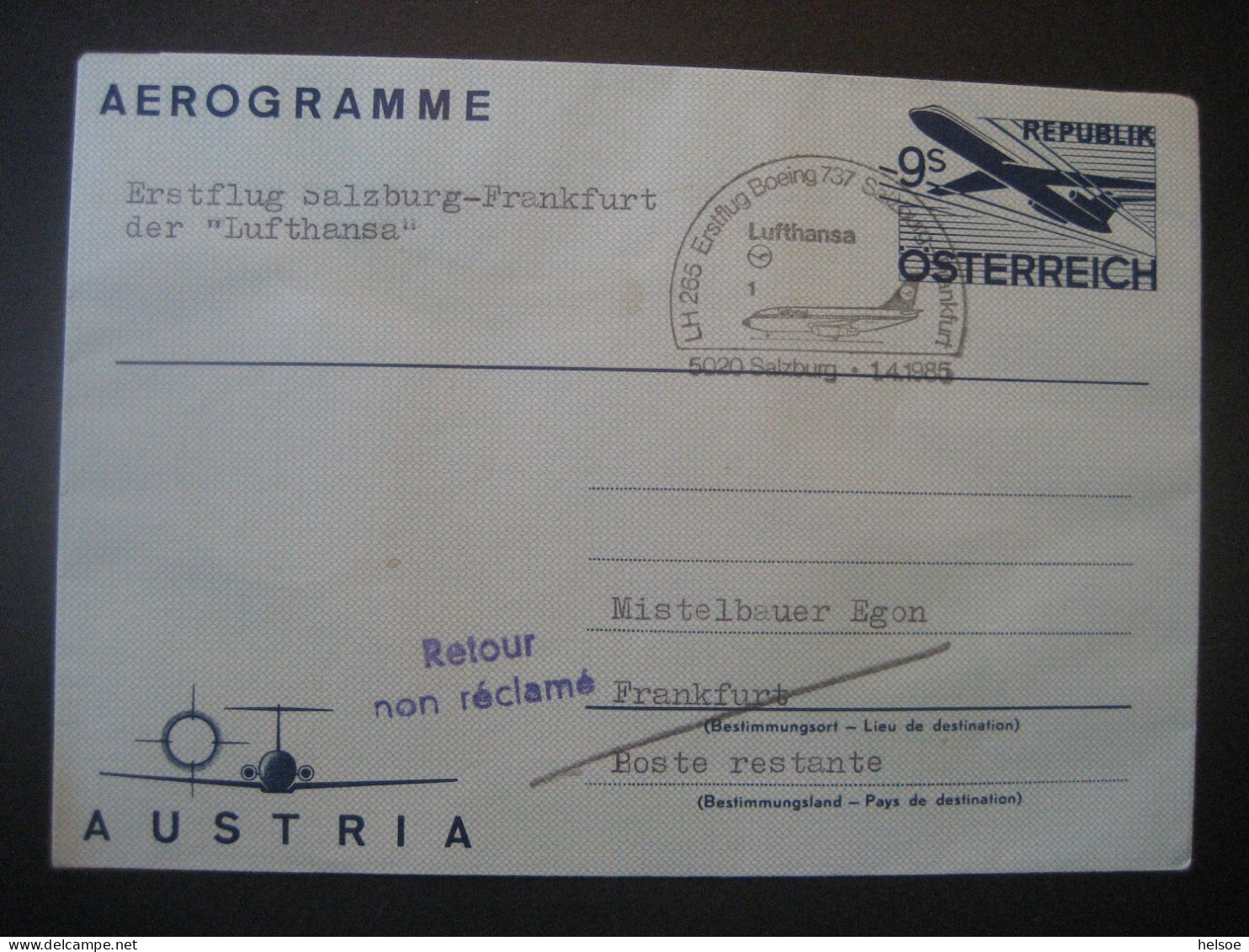 Österreich- Ganzsache Aerogramme MiNr. LF 19, Erstflug 1985 Salzburg - Frankfurt Mit Lufthansa - Premiers Vols