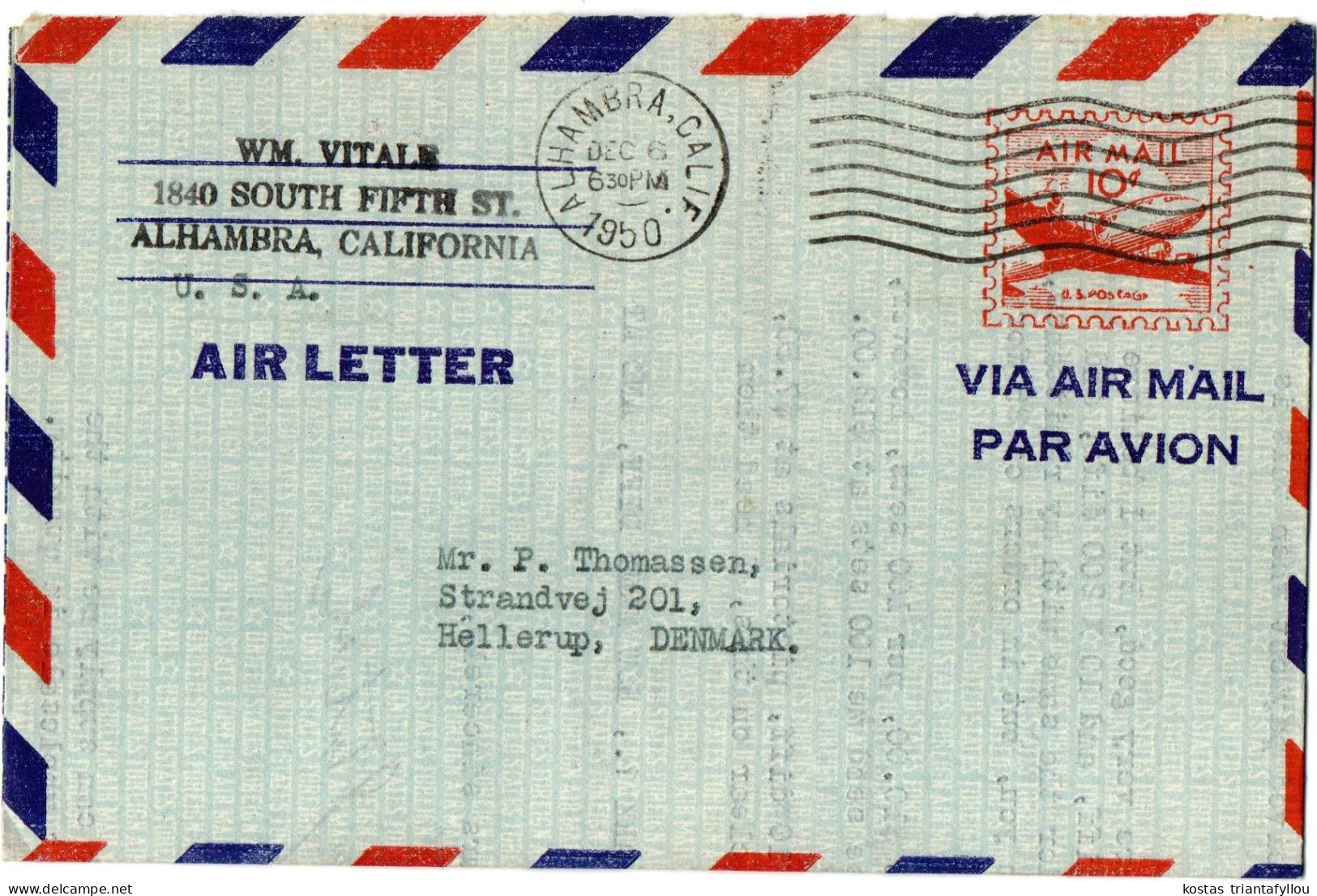 1,66 U.S.A., CALIFORNIA, 1950, AIR LETTER, COVER TO DENMARK (DAMAGED ON THE BACK SIDE) - 2a. 1941-1960 Usati