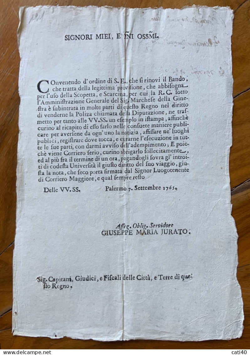 STORIA DELLA SICILIA - PALERMO 7 Settembre 1765 -  "...uso Della Scopetta,e Scarcina....." - Documents Historiques