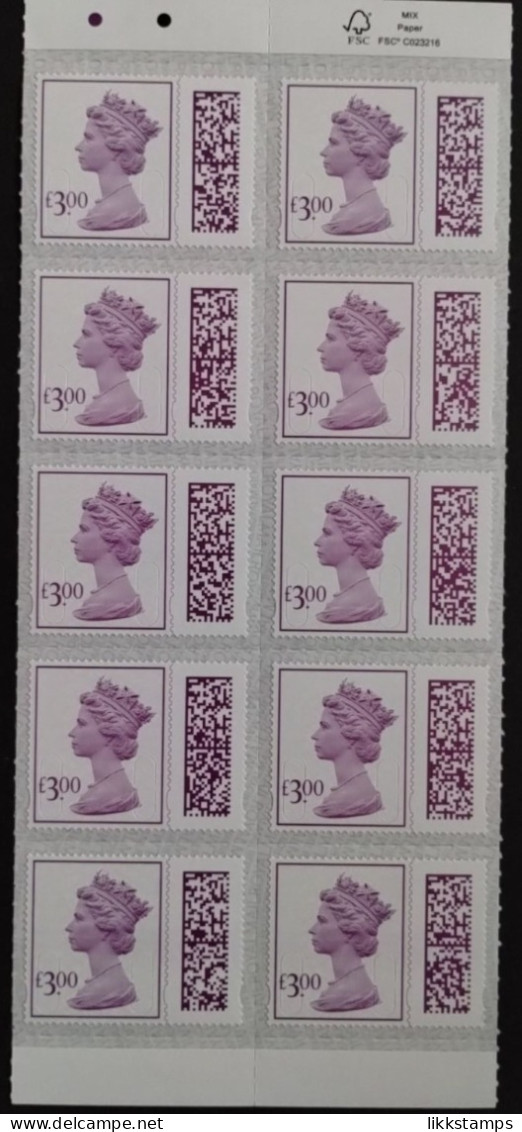 S.G.V4820 ~  BLOCK OF 10 X £3.00p NEW BARCODED DEFINITIVES UNFOLDED & NHM #02941 - Machins