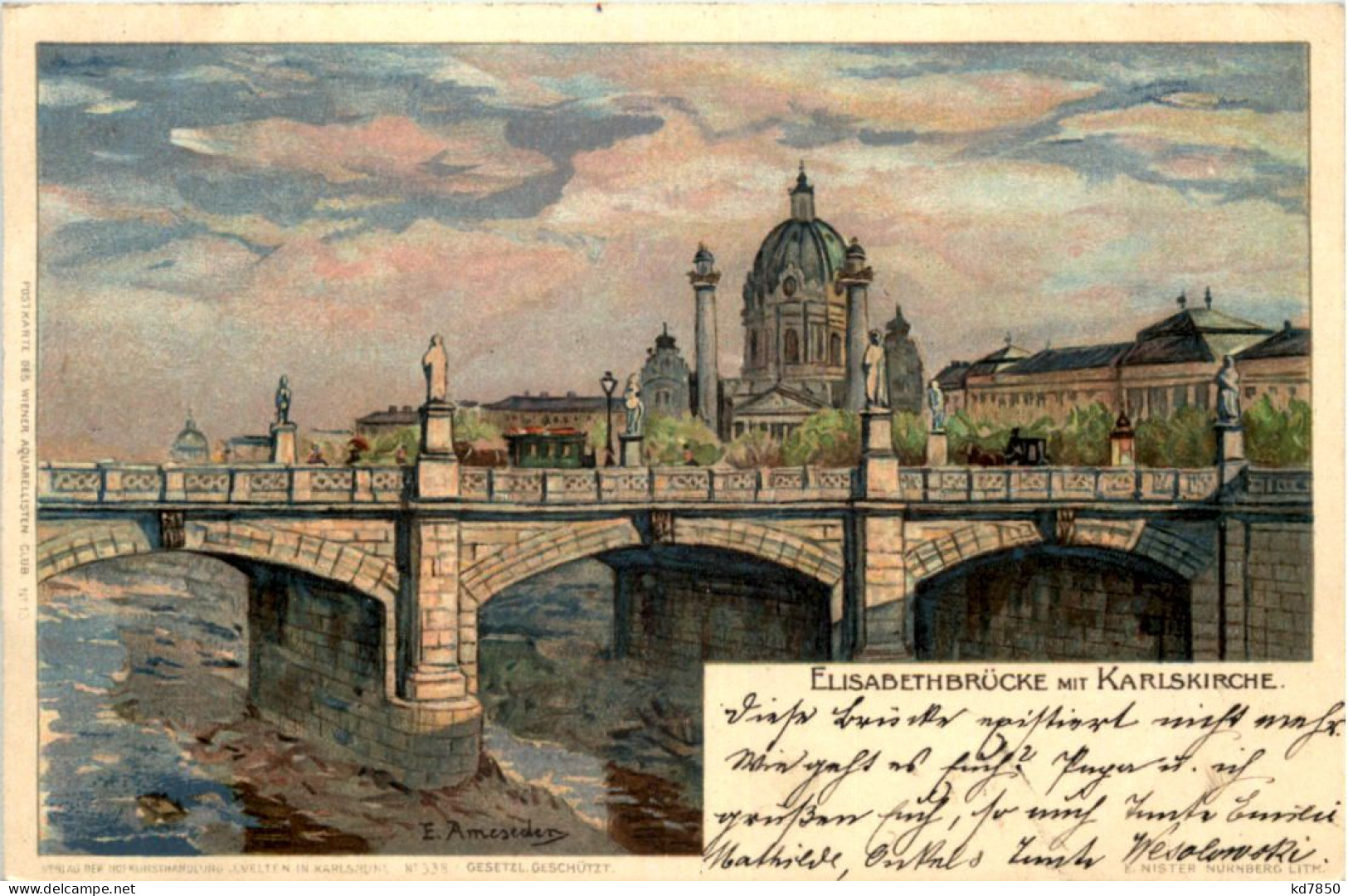 Wien - Elisabethbrücke Mit Karlskirche - Litho - Otros & Sin Clasificación