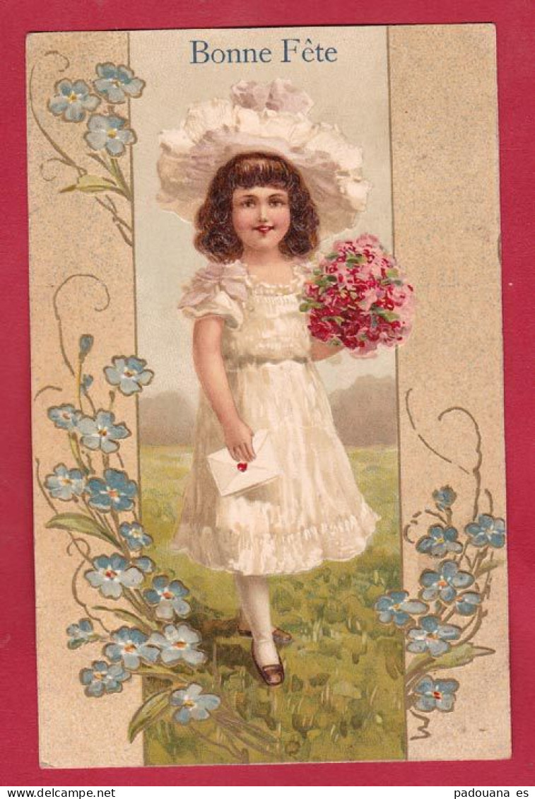 AC301 FANTAISIES ENFANTS FILLETTE FLEURS BONNE FETE CARTE GAUFREE EN 1906 - Sonstige & Ohne Zuordnung