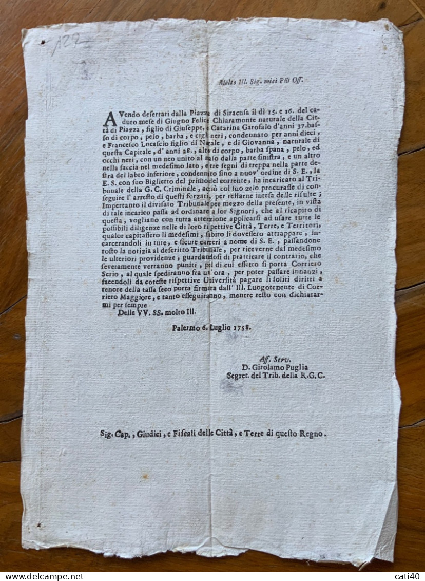 STORIA DELLA SICILIA - PALERMO 6 Luglio 1758  -  "...fuga Di Forzati Da SIRACUSA ..loro Connotati..." - Historical Documents