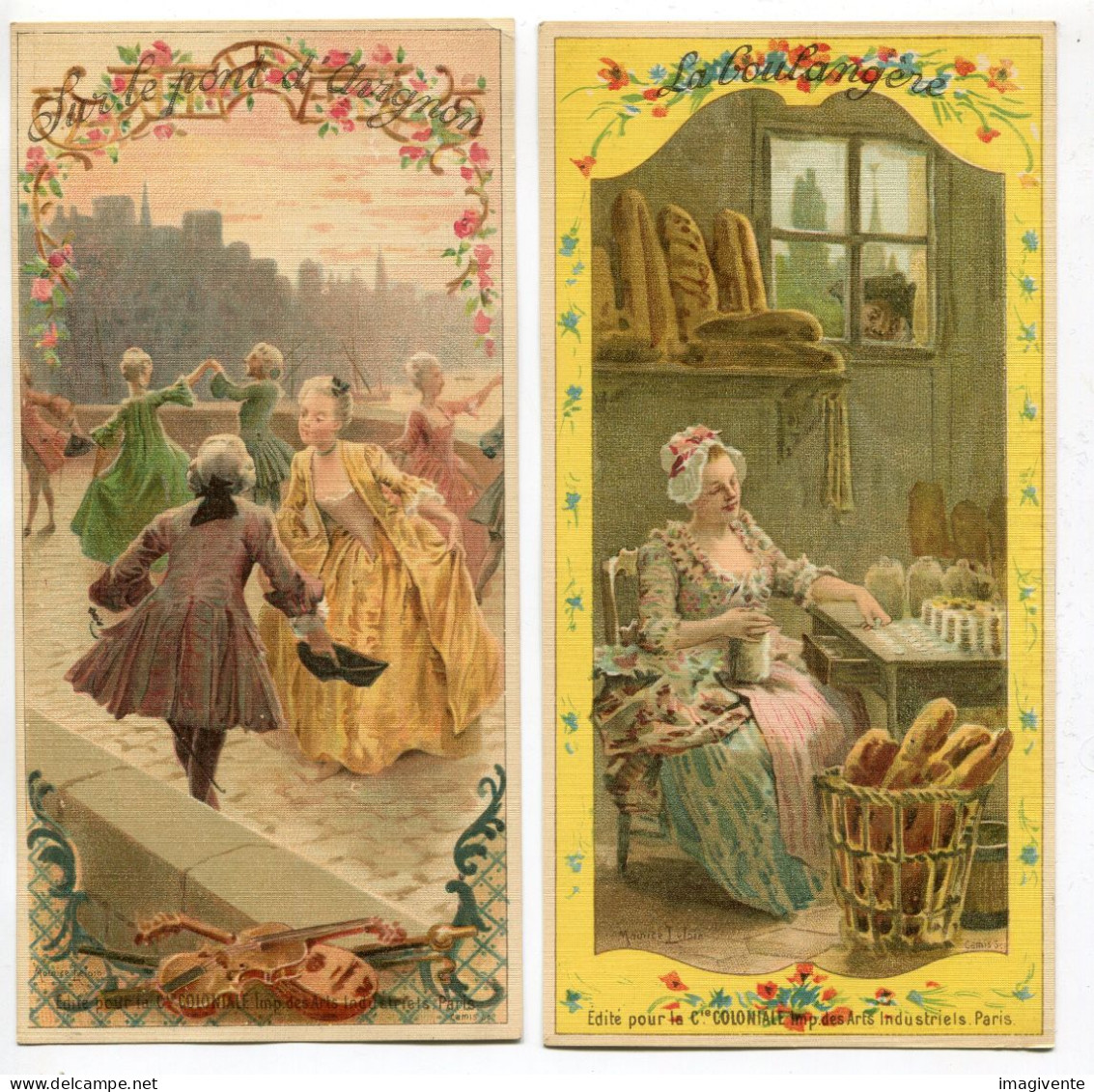 Lot 2 Chromos Boulangere Pont Avignon Chocolat Planteur Illustrateur Maurice LELOIR Chanson Partition - Andere & Zonder Classificatie