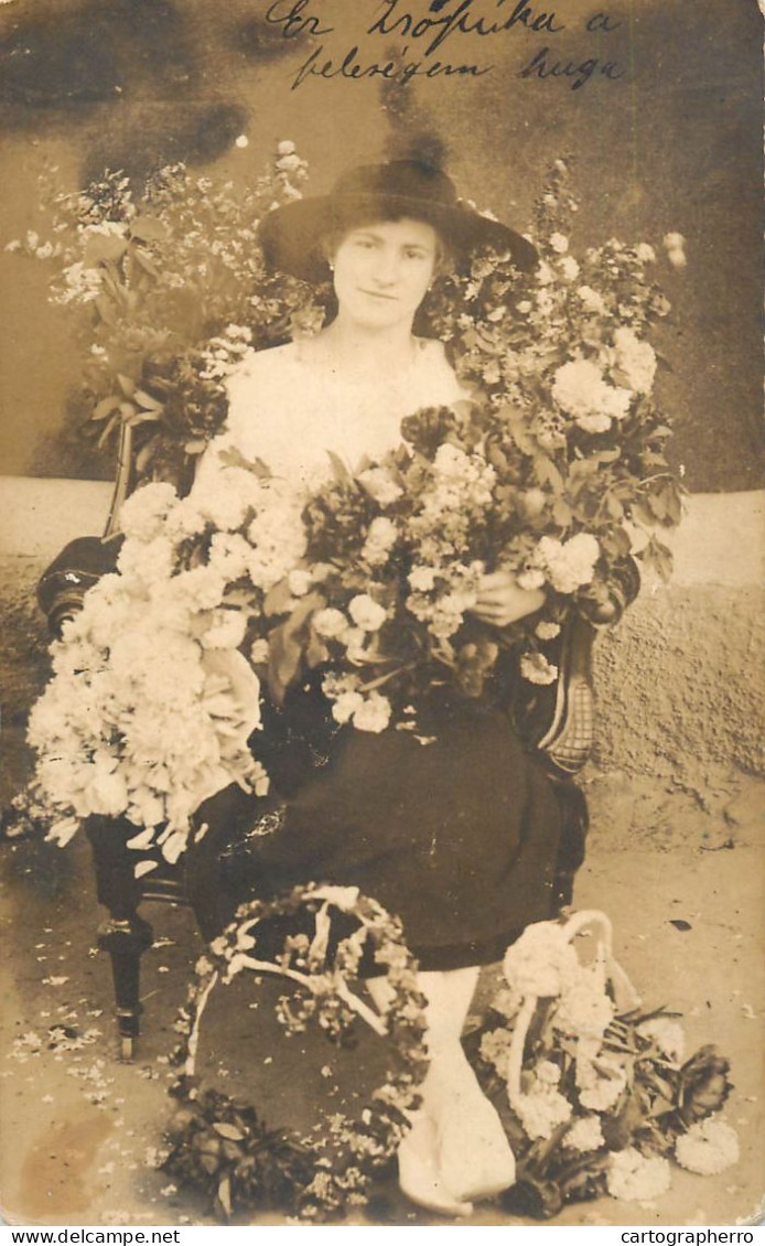 Souvenir Photo Postcard Elegant Woman Hat Flower Basket - Photographs