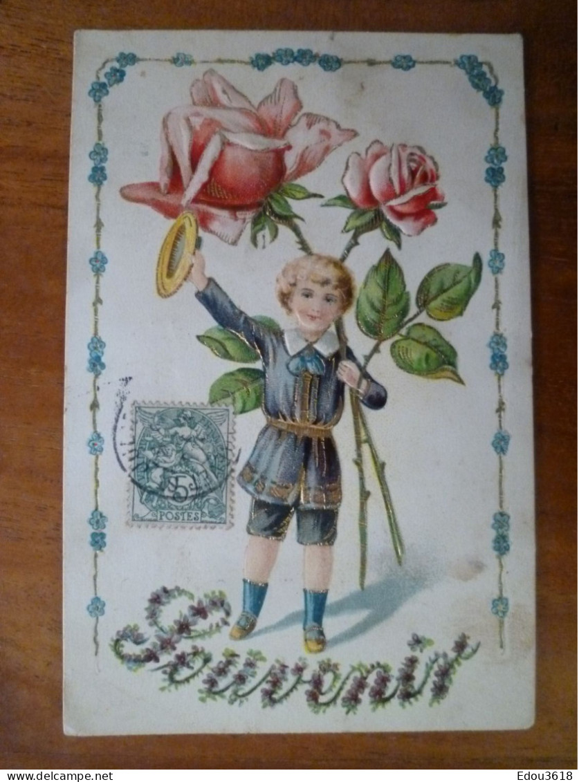 Carte Postale Gaufrée Dorée Souvenir Enfant Rose Fleur Bleue KF éditeurs Série 1017 X - Altri & Non Classificati