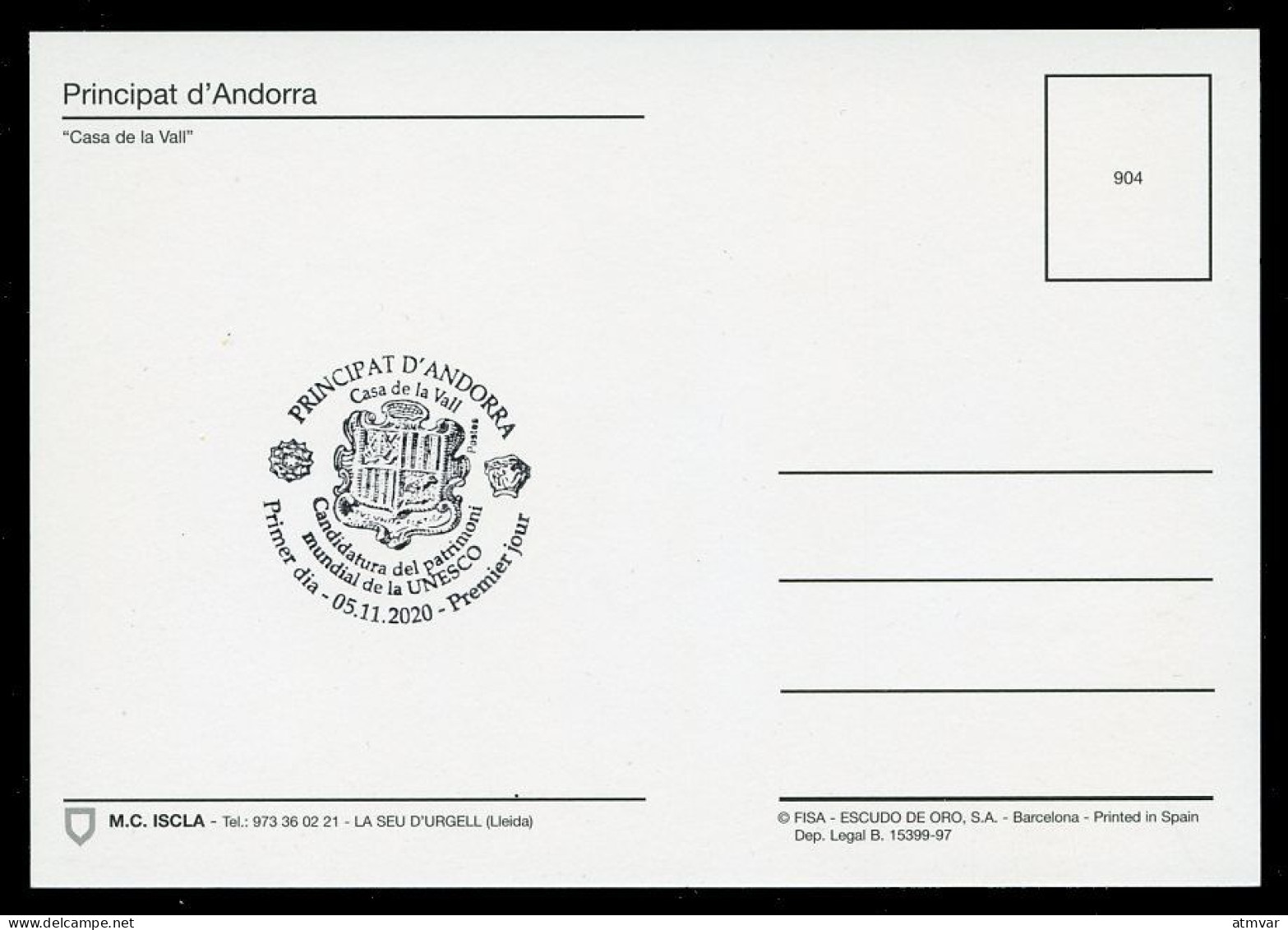 ANDORRA Postes (2020) - Carte Maximum Card Candidatura Patrimoni Mundial UNESCO Casa De La Vall, World Heritage Site - Cartas Máxima