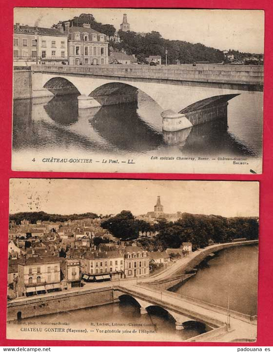 AA536 53 MAYENNE  CHATEAU GONTIER  LE PONT EN 1923-- LOT DE 2 CPA - Chateau Gontier