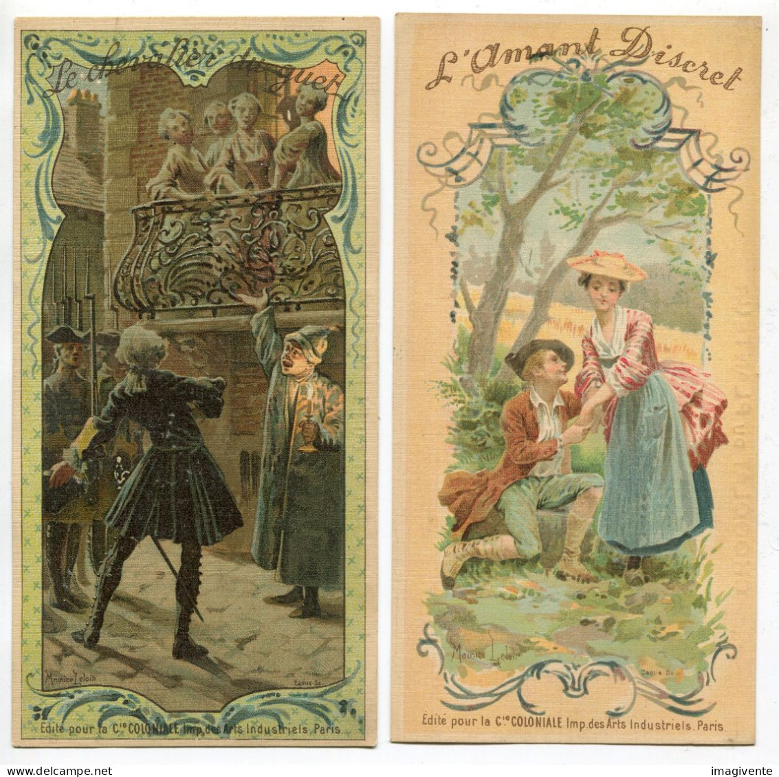 Lot 2 Chromos Chevalier Du Guet Amant Discret Chocolat Planteur Illustrateur Maurice LELOIR Chanson Partition - Other & Unclassified