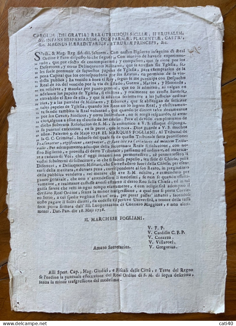 STORIA DELLA SICILIA - PALERMO 18 Maggio  1758  - GIOVANNI FOGLIANI SFORZA D'ARAGONA : Foglio D'ordini - Historical Documents