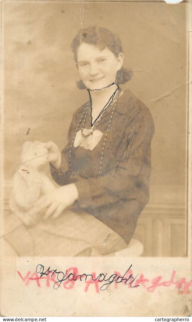 Souvenir Photo Postcard Woman Dress Teddy Bear Locket - Photographs