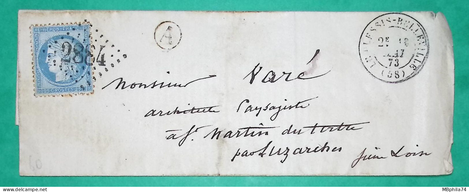 N°60A GC 2884 LE PLESSIS BELLEVILLE OISE BOITE RURALE A POUR ST MARTIN DU TERTRE 1873 LETTRE COVER FRANCE - 1849-1876: Klassieke Periode