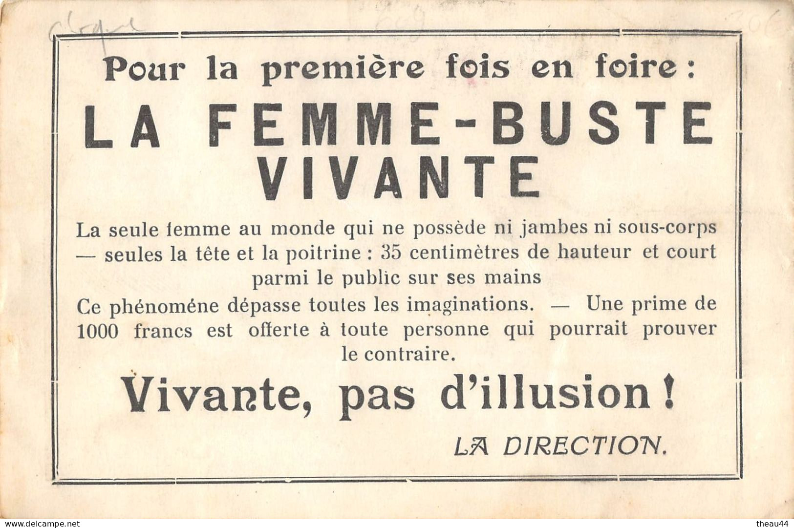 ¤¤   -   Carte Publicitaire Du Spectacle De La " FEMME-BUSTE VIVANTE "    -   ¤¤ - Entertainers