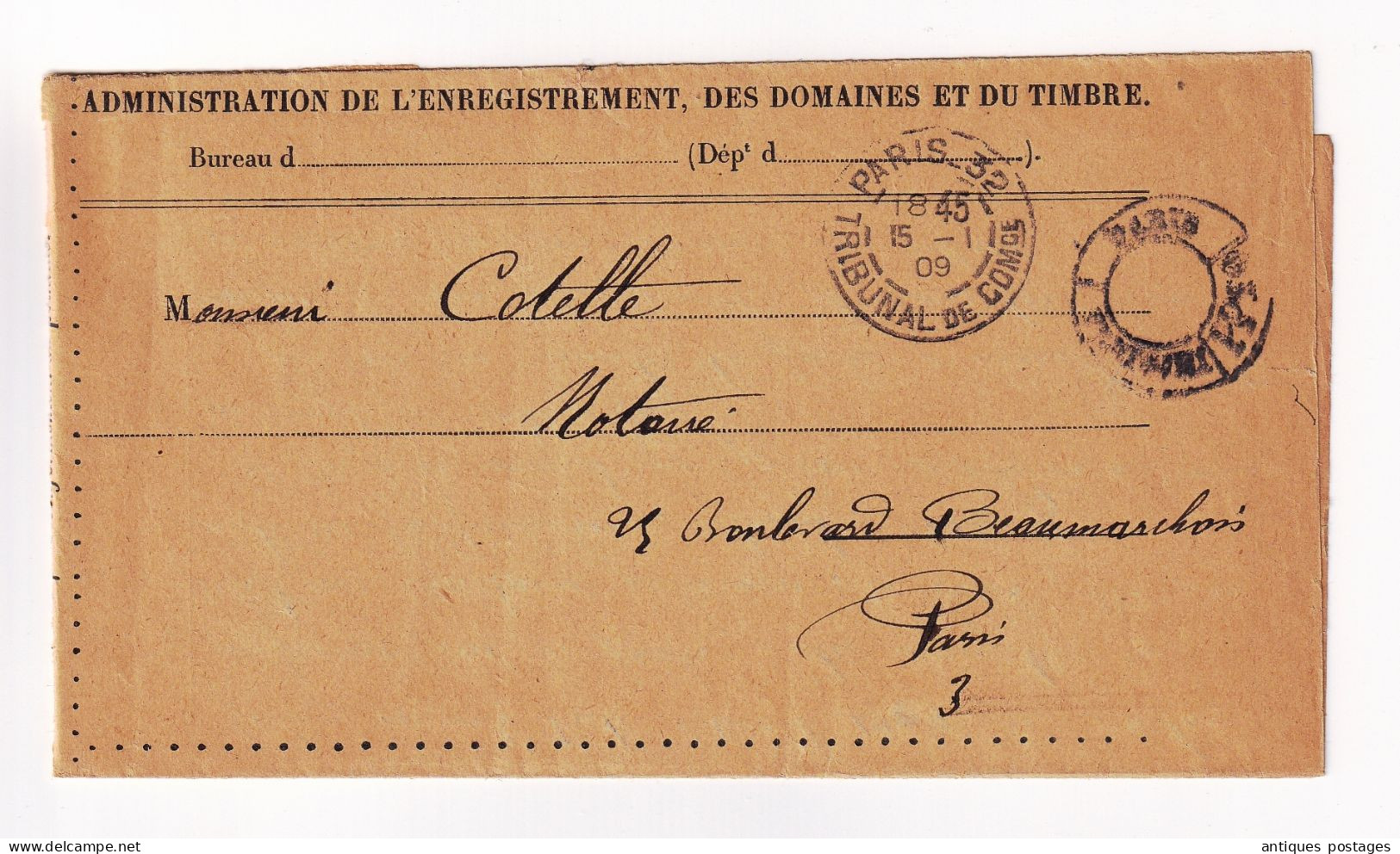 Franchise 1909 Direction Générale Enregistrement Des Domaines Et Du Timbres Conseil Des Prud'hommes Tribunal Commerce - Covers & Documents