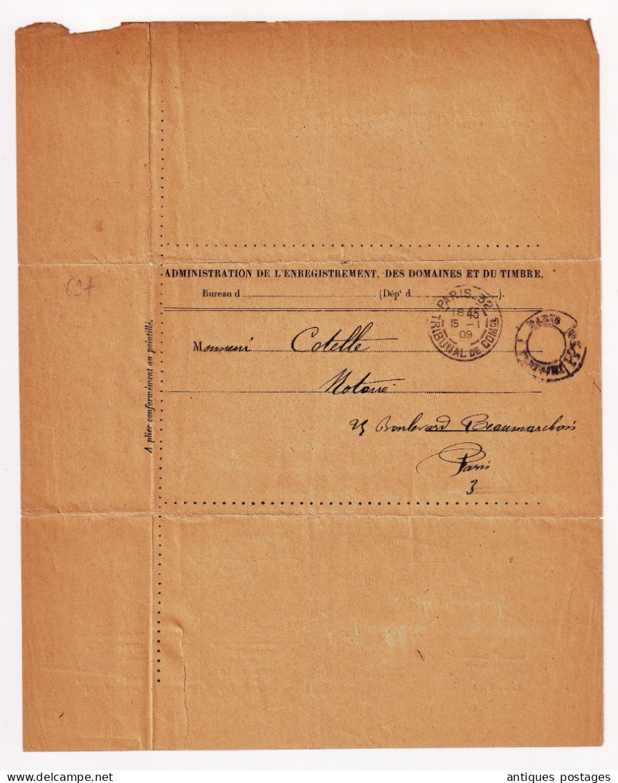 Franchise 1909 Direction Générale Enregistrement Des Domaines Et Du Timbres Conseil Des Prud'hommes Tribunal Commerce - Storia Postale