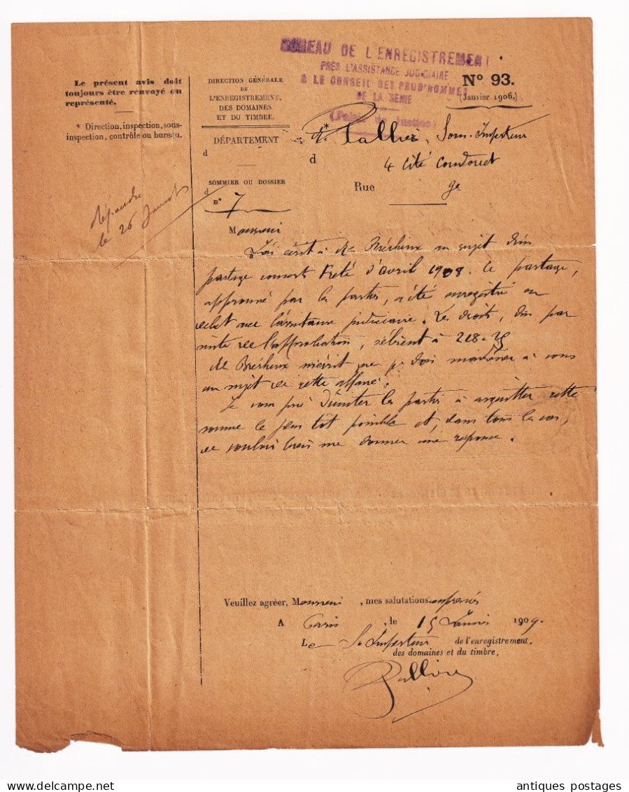 Franchise 1909 Direction Générale Enregistrement Des Domaines Et Du Timbres Conseil Des Prud'hommes Tribunal Commerce - Covers & Documents