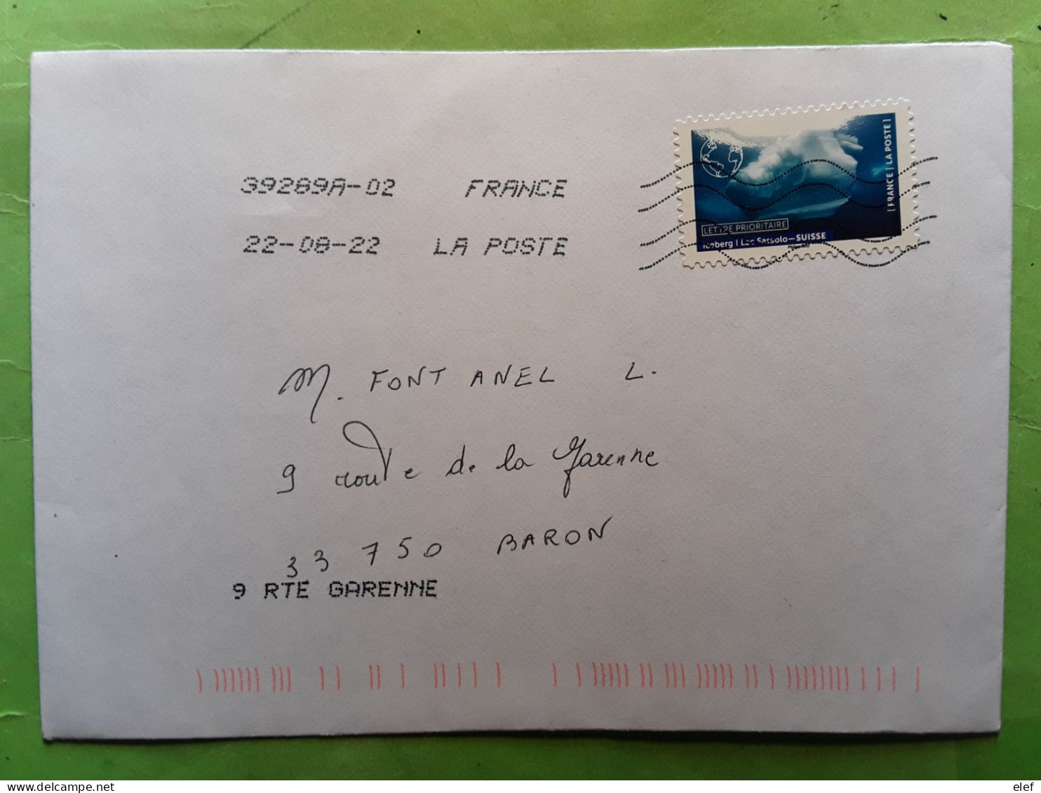 France Lettre Prioritaire Avec Timbre Iceberg I Et Lac Sassolo Suisse  , 2022, TB - Storia Postale