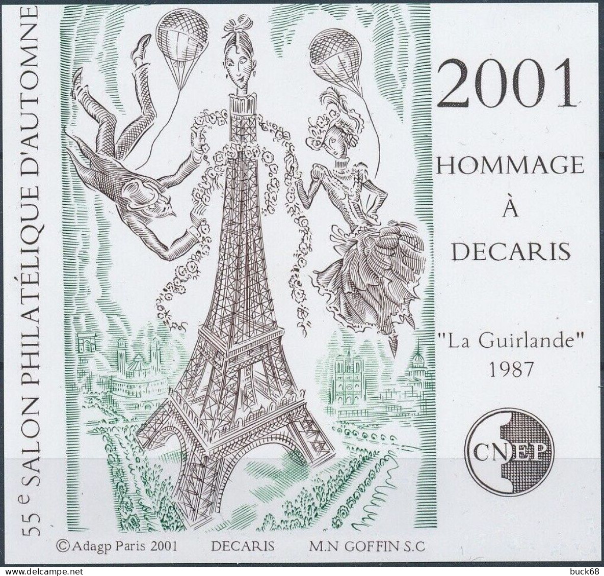 FRANCE Feuillet Souvenir CNEP 34a ** MNH Non Dentelé Imperf Salon Automne Paris 2001 Tour Eiffel Decaris Guirlande - CNEP
