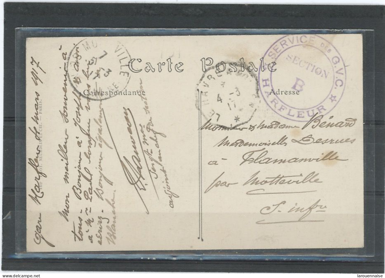 CACHET MILITAIRE -76 HARFLEUR -CP  FRAPPE  TTB -DOUBLE CERCLE ,VIOLET, 36mm -SERVICE DES G.V.C ./ * HARFLEUR * - Guerre De 1914-18