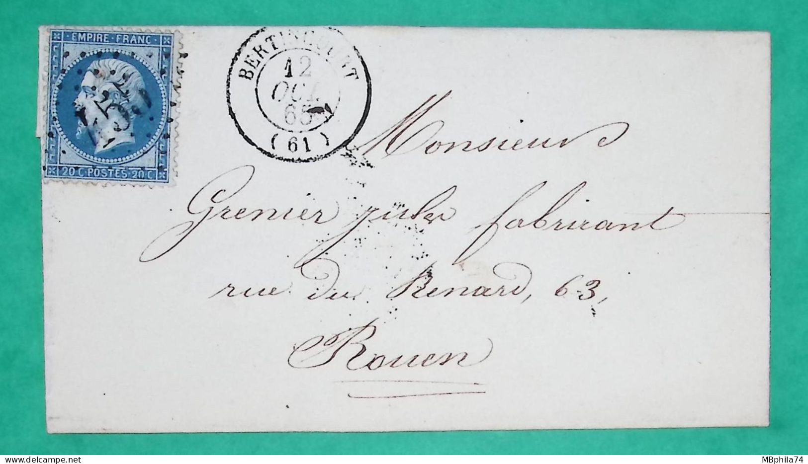 N°22 GC 455 BERTINCOURT PAS DE CALAIS POUR ROUEN 1865 LETTRE COVER FRANCE - 1849-1876: Klassik