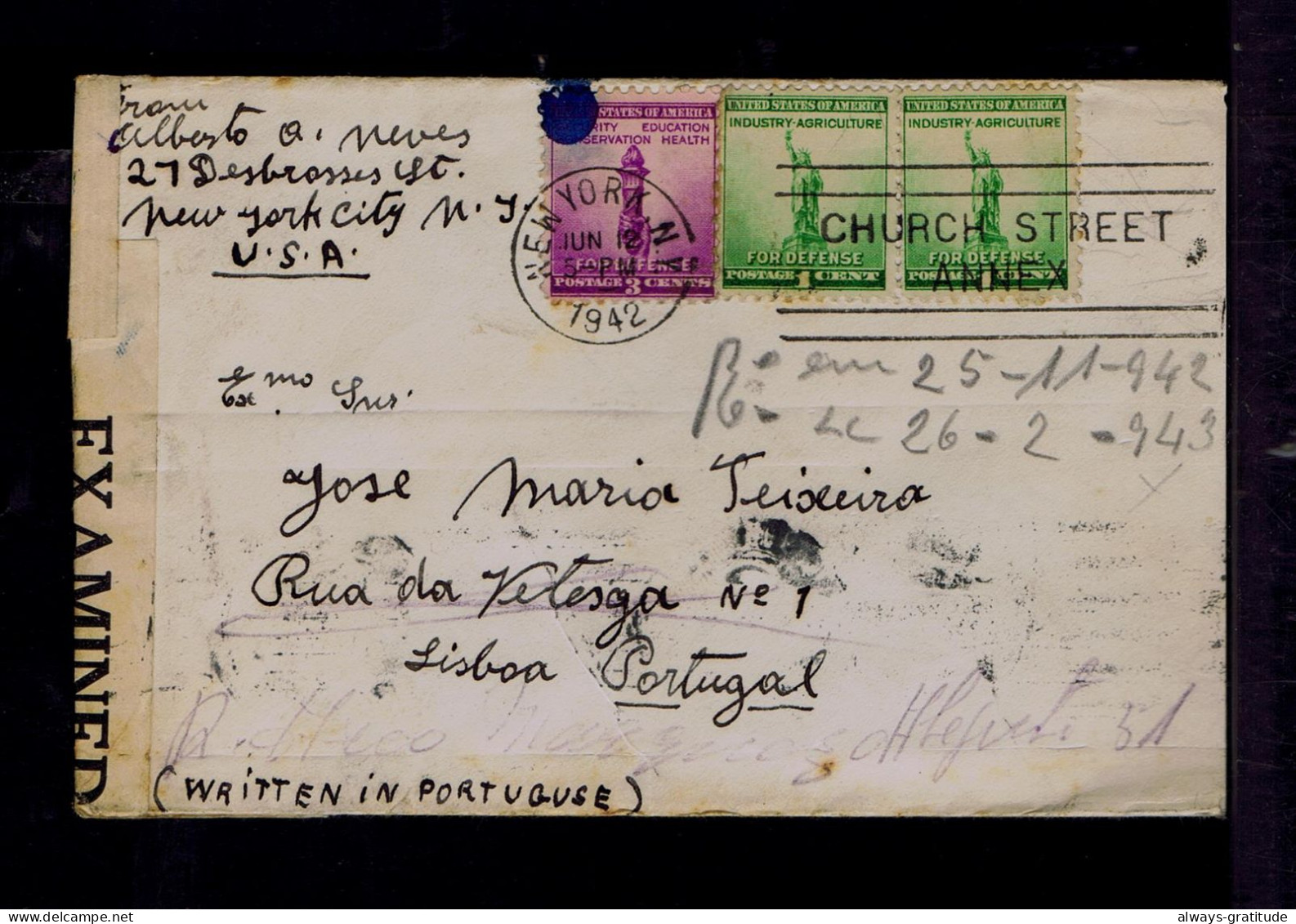 Sp10549 USA WW2 Censored Cover 1942 (slogan Pmk Church Street Annex) Mailed Portugal Security, Education,conservation - Landwirtschaft