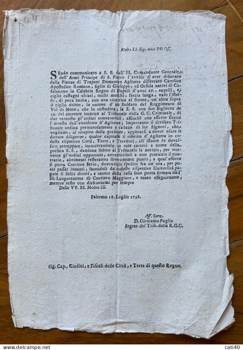 STORIA DELLA SICILIA - PALERMO 18 Luglio 1758  - "..disertore Dalla Piazza Di TRAPANI..suoi Connotati..." - Documents Historiques